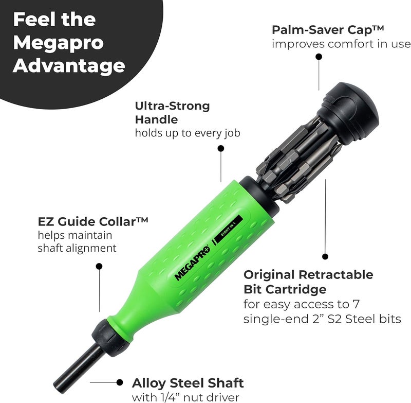 Megapro ® 8-in-1 Multi-Bit Screwdriver | Kitchen Drawer Tool | Furniture Assembly | Household Repairs | Multi-Bit Screwdriver with ¼” Hex Shaft | Phillips, Flat, Square, Torx (Neon Green/Black) - Image 3
